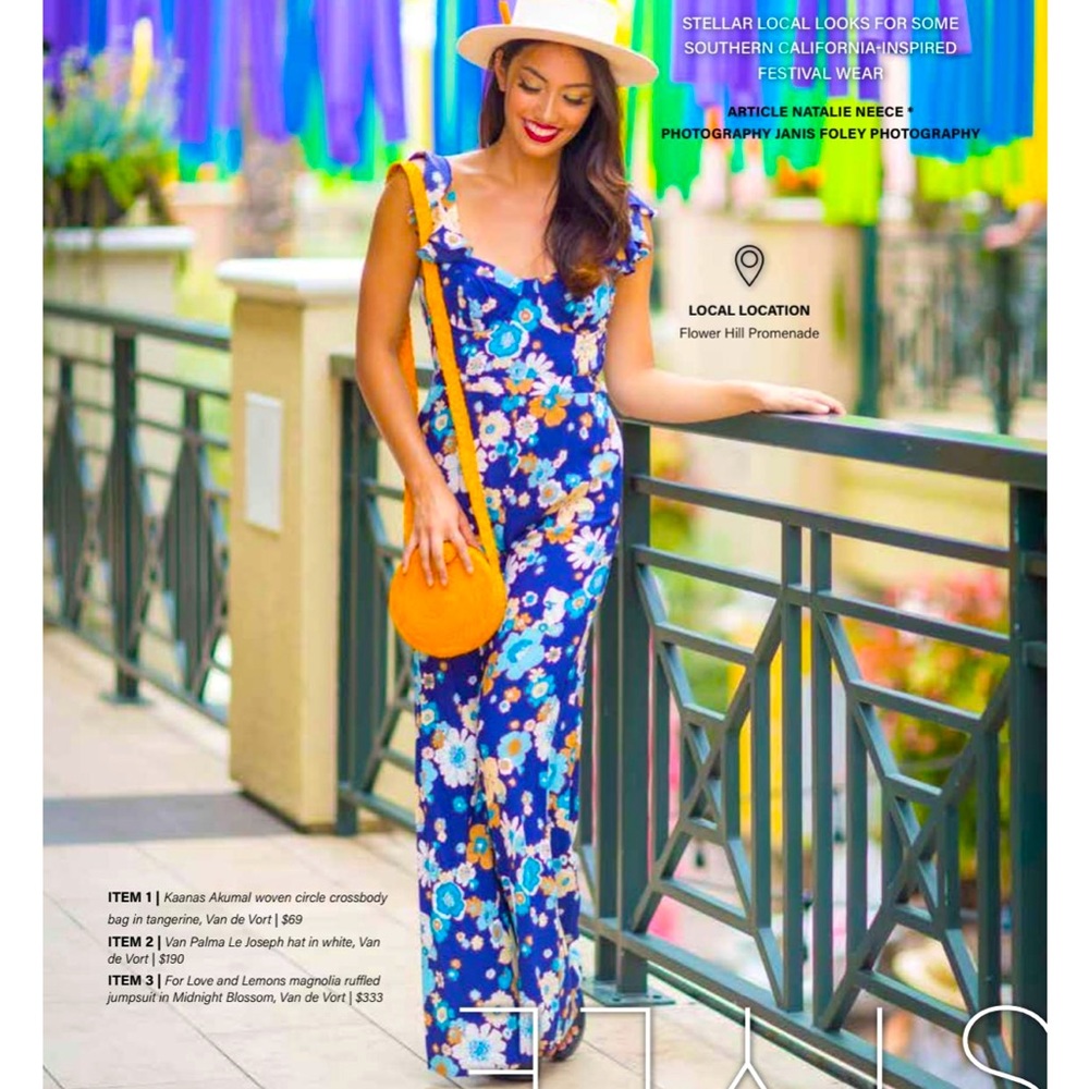 For Love And Lemons Blue Floral Ruffled Jumpsuit with Orange Bag